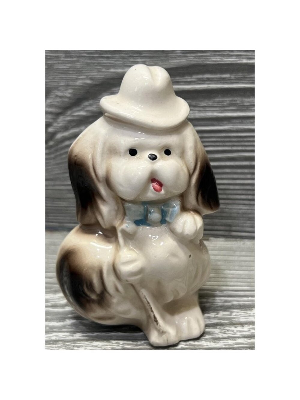 Vintage Porcelain Dog Handsome Gentleman Ceramic 3.5” Hat & Cane Japan